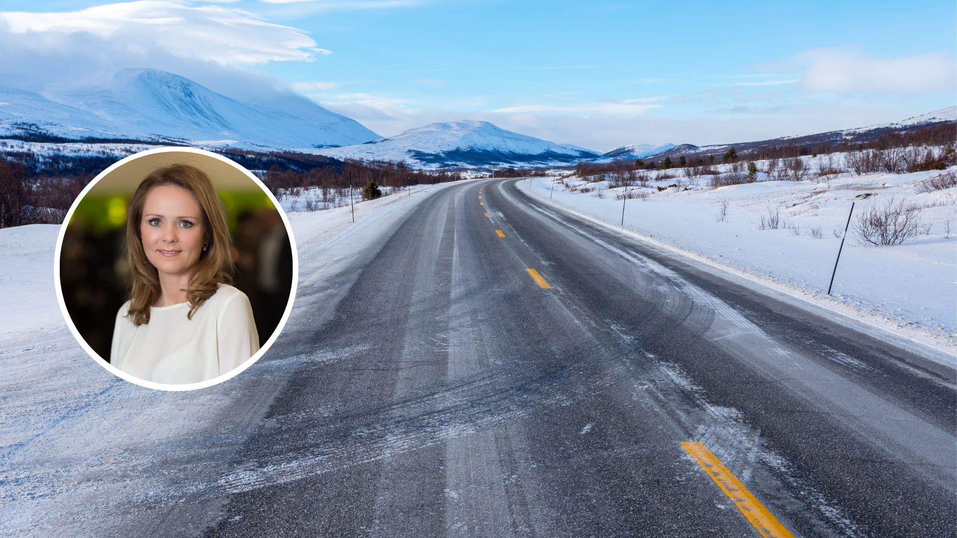 Linda Hofstad Helleland innrammet. Foto av vei i bakgrunnen.
